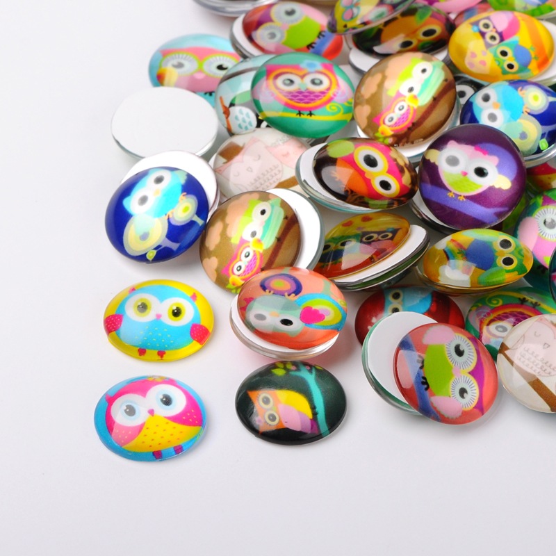 PandaHall Cartoon Owl Printed Glass Half Round/Dome Cabochons, Mixed Color, 25x7mm Glass Half Round Multicolor
