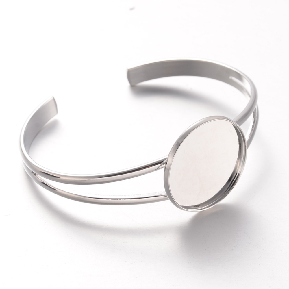 PandaHall Brass Cuff Bangle Makings, Bangle Blanks, with Flat Round Tray, Silver, Tray: 25mm; 66x49mm, 6~13mm Brass Silver