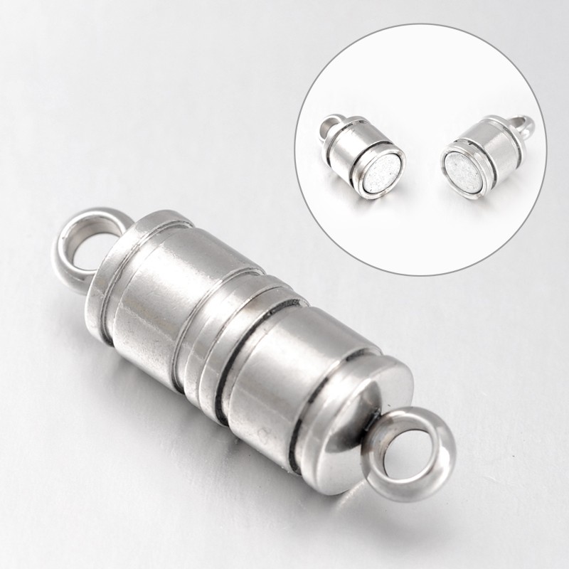 PandaHall Column 304 Stainless Steel Magnetic Clasps, Stainless Steel Color, 26x8mm, Hole: 3mm Stainless Steel Column