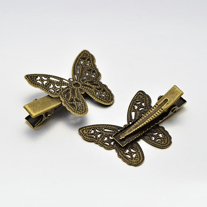 PandaHall Vintage Hair Accessories Iron Alligator Hair Clip Findings, with Filigree Butterfly Cabochon Bezel Settings, Nickel Free, Antique...