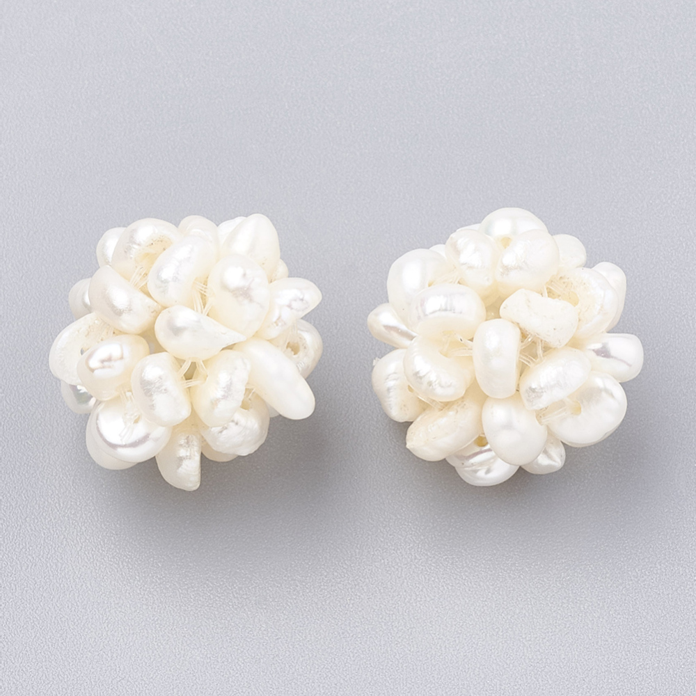 PandaHall Handmade Natural Pearl Woven Beads, Ball Cluster Beads, Round, Seashell, 14~15mm, Hole: 1.5~2mm Pearl Round Ivory