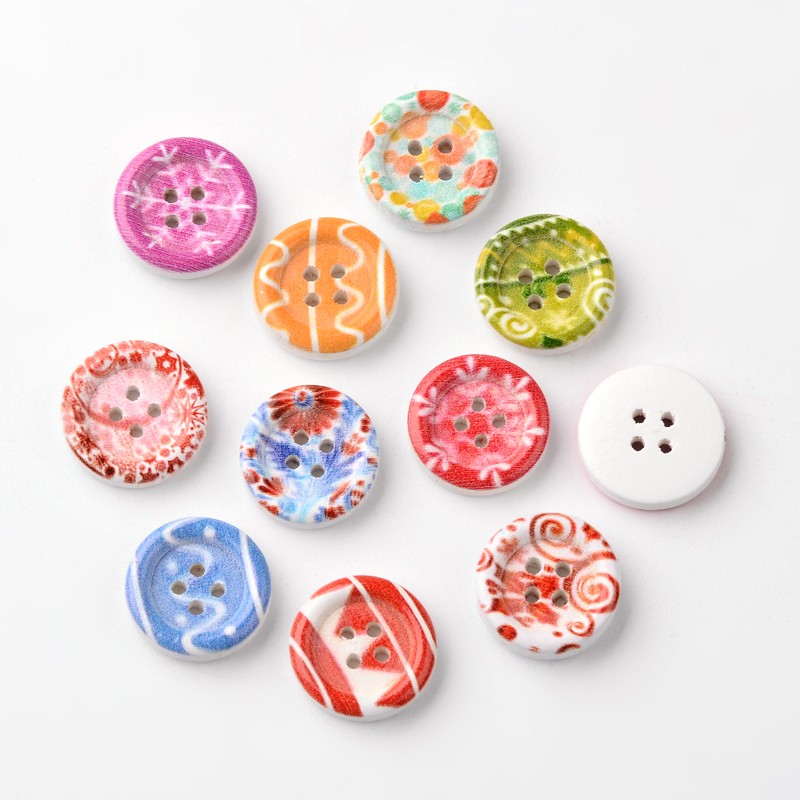 PandaHall Flat Round 4-Hole Wooden Buttons, Mixed Color, 15x4mm, Hole: 1mm Wood Flat Round Multicolor