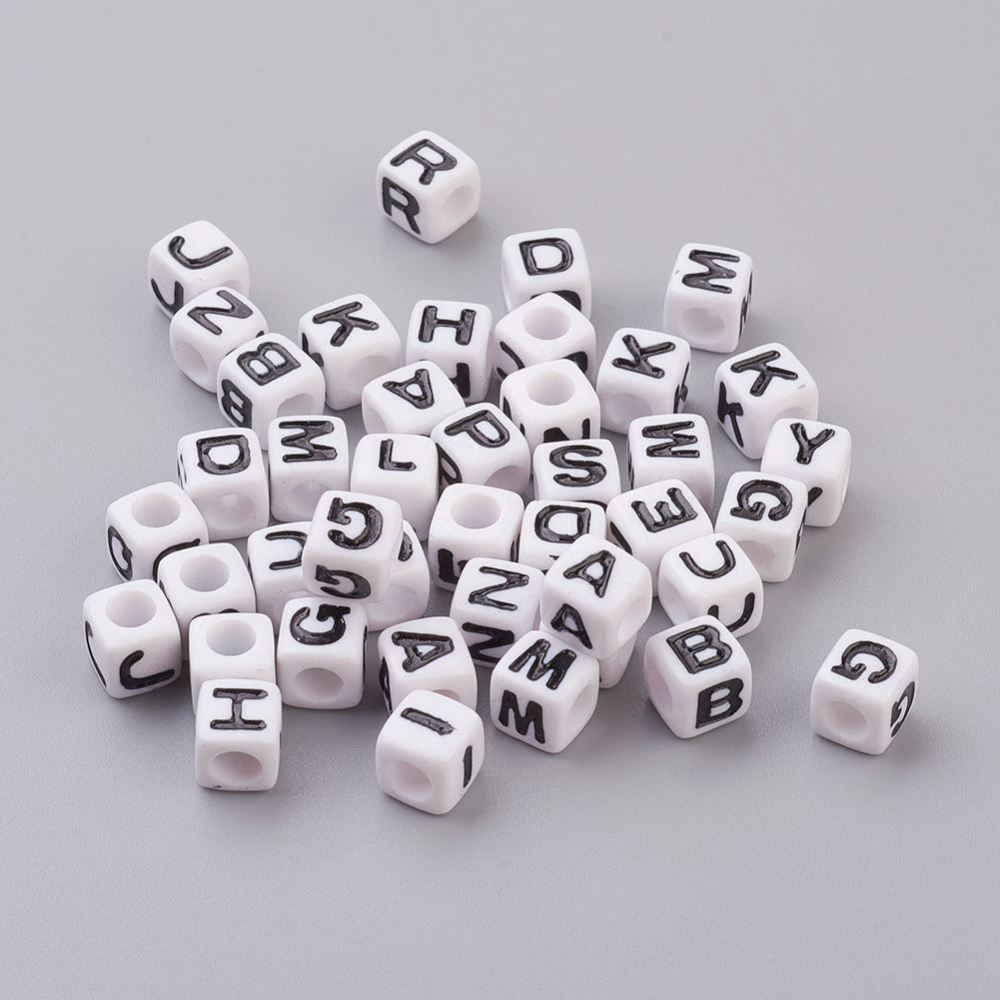 PandaHall Chunky Alphabet Acrylic Cube Beads for Kids Jewelry, White, about 7mm wide, 7mm long, 7mm high, hole: 3.5mm Acrylic Square White