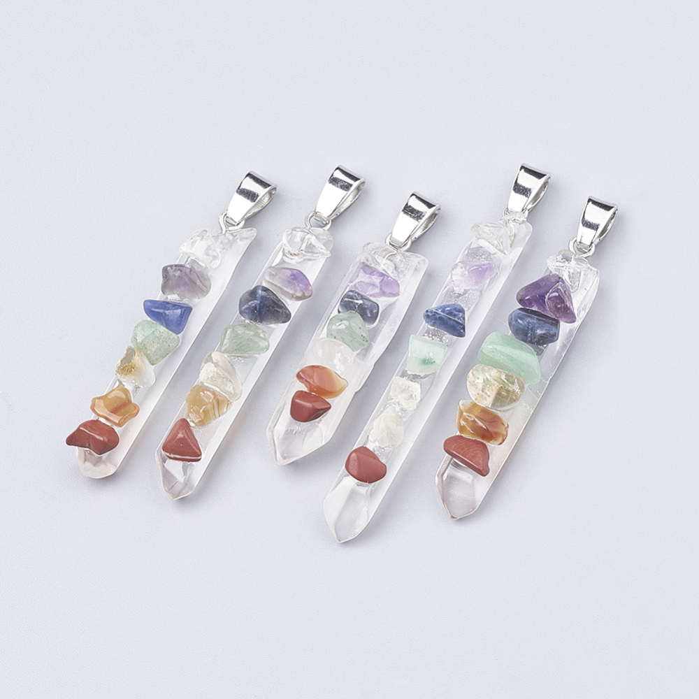 PandaHall Chakra Natural Quartz Crystal Pointed Pendants, with Mixed Stone & Iron Findings, Nuggets, Platinum, 36~52x7~9x9~10mm, Hole: 6x3mm...