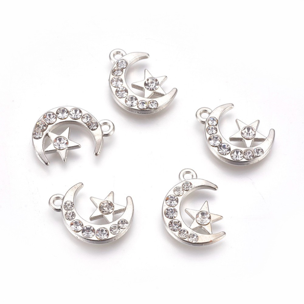 PandaHall Alloy Rhinestone Pendants, Moon & Star, Platinum Color, about 14.5mm wide, 20mm long, hole: 2mm Alloy+Rhinestone Star Clear