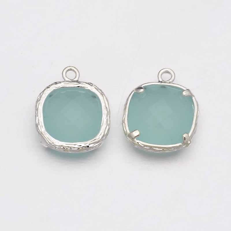 PandaHall Silver Plated Brass Glass Charms, Faceted Square, PaleTurquoise, 15x13x5mm, Hole: 1mm Glass Square Cyan