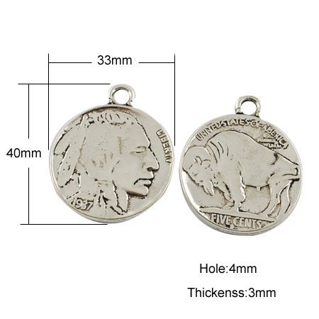 PandaHall Tibetan Style Coin Pendants, Flat Round with Indian Head and Buffalo, Cadmium Free & Nickel Free & Lead Free, Antique Silver...