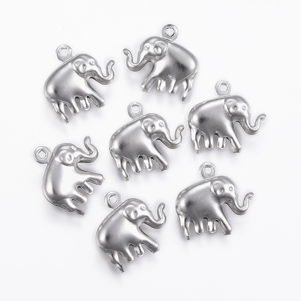 PandaHall 304 Stainless Steel Charms, Elephant, Stainless Steel Color, 14x15x5mm, Hole: 1.2mm Stainless Steel Elephant