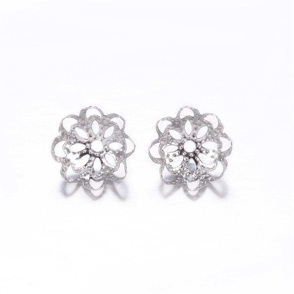 PandaHall More-Petal 304 Stainless Steel Bead Cap, Flower, Stainless Steel Color, 9.5x4mm, Hole: 1mm Stainless Steel