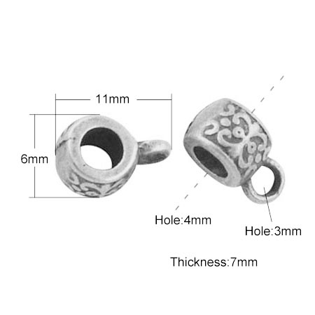 PandaHall Tibetan Style Hangers Links, Bail Beads, Lead Free, Antique Silver, 11x6x7mm, Hole: 3~4mm Alloy Rondelle