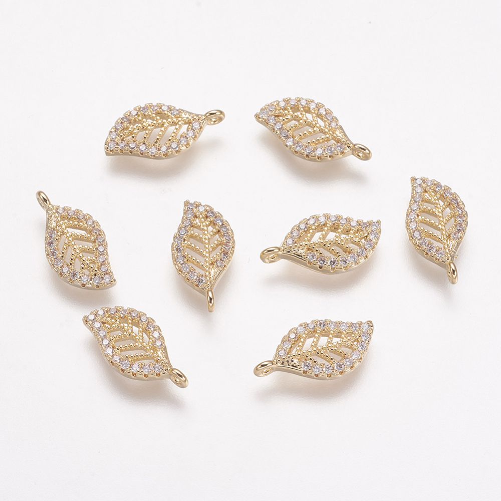 PandaHall Brass Micro Pave Cubic Zirconia Charms, Real Gold Plated, Leaf, 14.5x7x2mm, Hole: 1mm Brass+Cubic Zirconia Leaf Clear