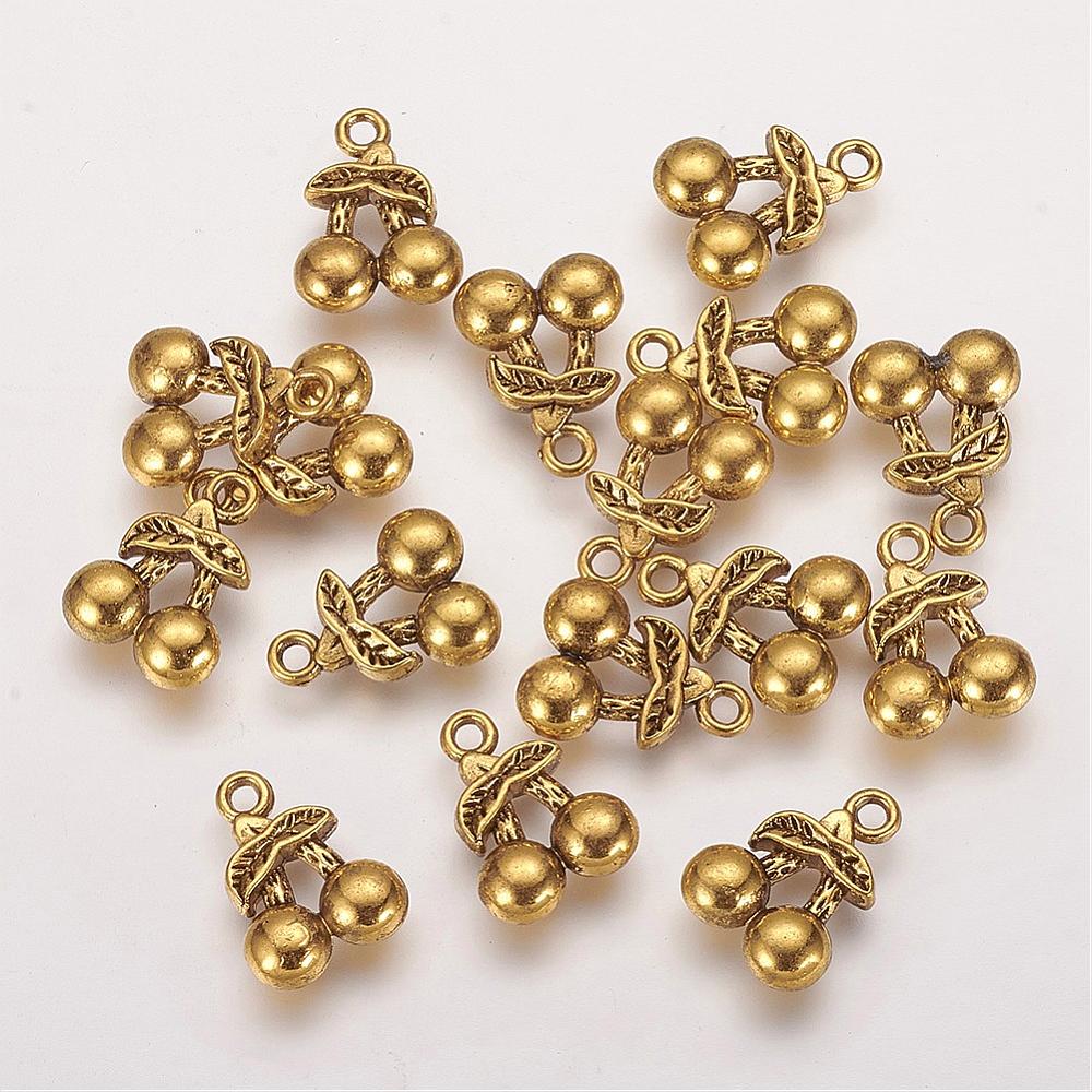 PandaHall Tibetan Style 3D Cherry Charms, Cadmium Free & Lead Free, Antique Golden, 14x11x4mm, Hole: 2mm Alloy Cherry