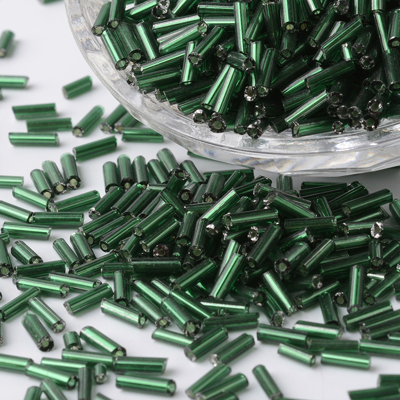 PandaHall Tube Silver Lined Round Hole Glass Bugle Beads, DarkGreen, 6~7x1.5~2mm, Hole: 0.5mm; about 12500pcs/450g Glass Green