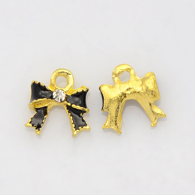 PandaHall Golden Tone Alloy Rhinestone Enamel Pendants, Bowknot Charms, Black, 10x10x3mm, Hole: 2mm Alloy Rhinestone+Enamel Bowknot Black