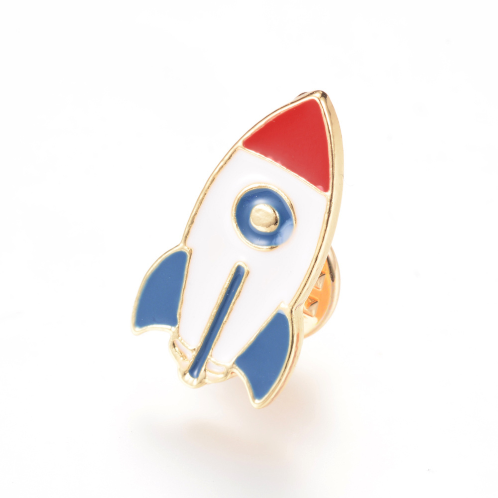 PandaHall Alloy Enamel Brooches, with Brass Finding, Rocket, Light Gold, White, 25x13mm; Pin: 1.2mm Alloy White