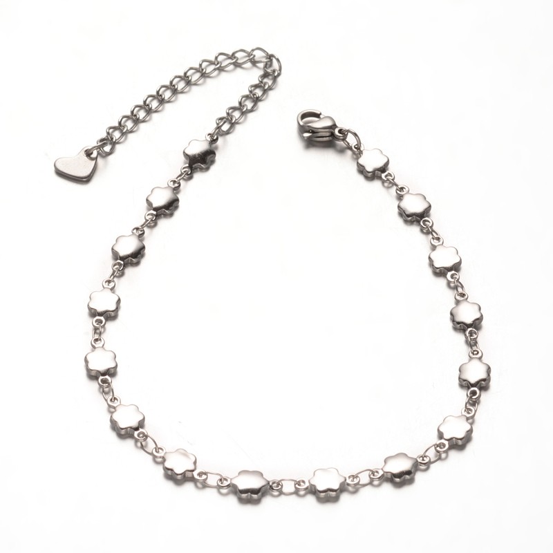 PandaHall 304 Stainless Steel Flower Link Chain Bracelets, with Lobster Claw Clasps, Stainless Steel Color, 7-1/2"(190mm) Stainless Steel