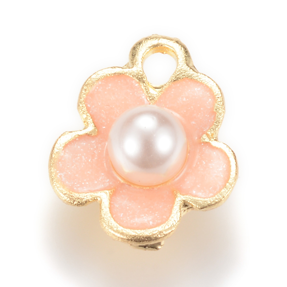 PandaHall Alloy Enamel Charms, with ABS Plastic Imitation Pearl, Flower, Light Gold, PeachPuff, 14x11.5x6mm, Hole: 2mm Alloy+Enamel Flower...