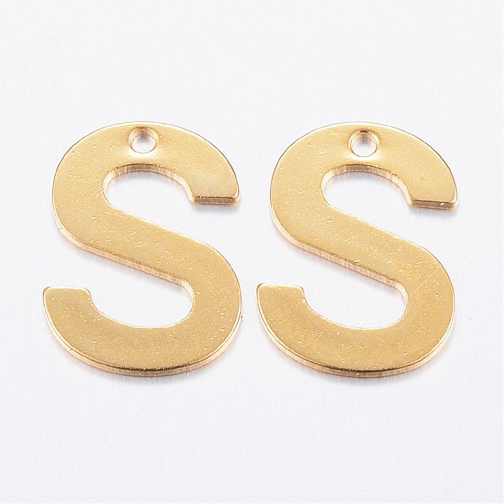 PandaHall 304 Stainless Steel Charms, Letter.S, Golden, 11x8.5x0.8mm, Hole: 1mm Stainless Steel Alphabet