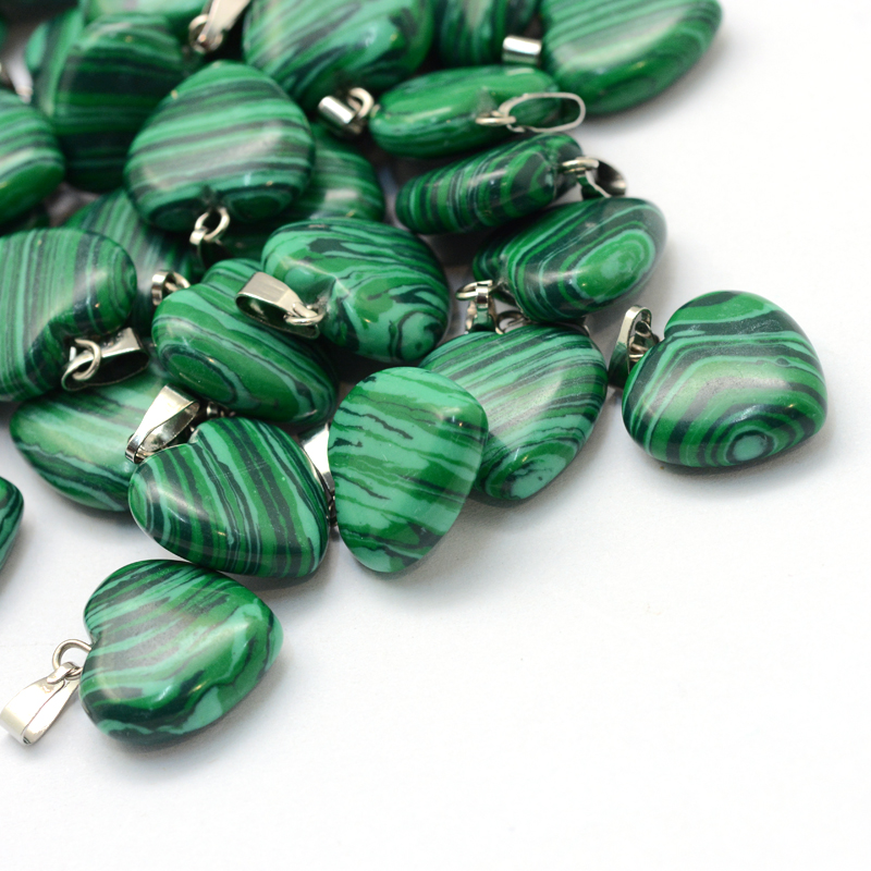 PandaHall Heart Dyed Malachite Pendants, with Platinum Tone Brass Findings, 17~19x15~16x5~6mm, Hole: 2x7mm Malachite Heart