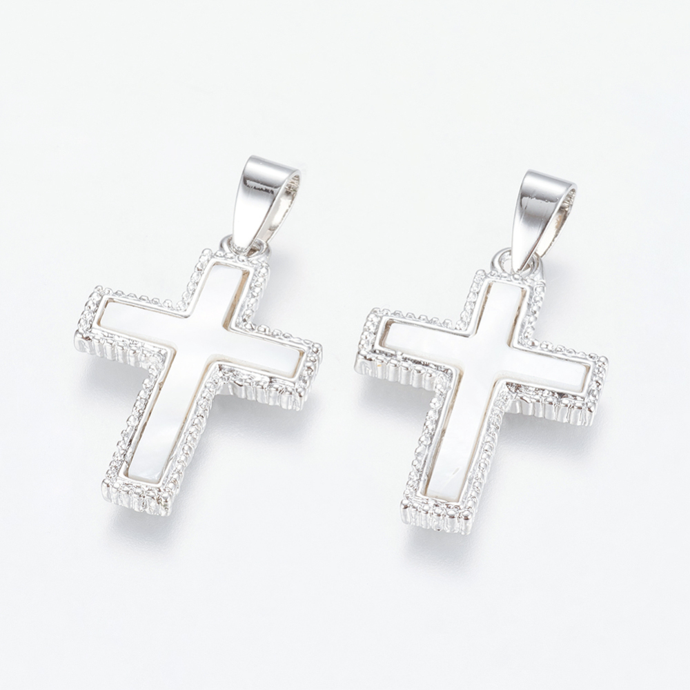 PandaHall White Shell Pendants, with Brass Findings, Cross, Platinum Metal Color, White, 30x20x4mm, Hole: 4x7mm White Shell Cross White