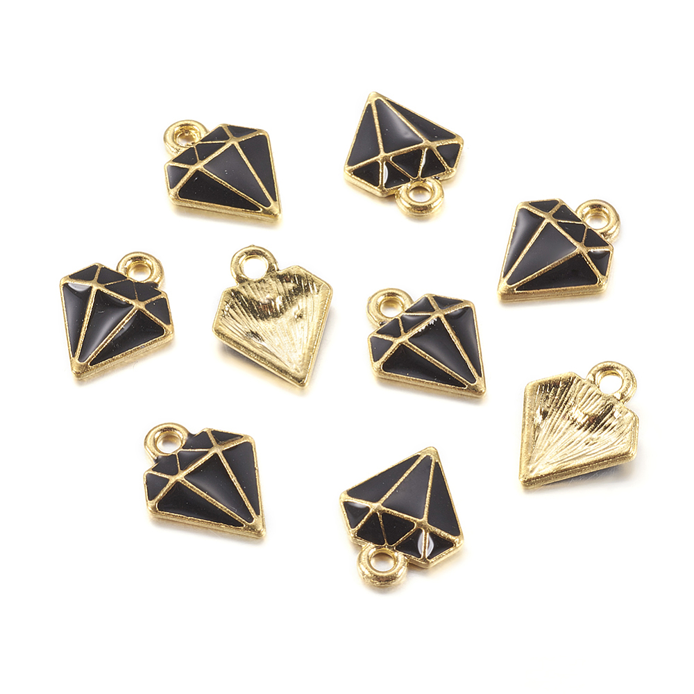 PandaHall Golden Tone Alloy Enamel Pendants, Diamond Charms, Black, 15x12x2mm, Hole: 2mm Alloy+Enamel Diamond Black