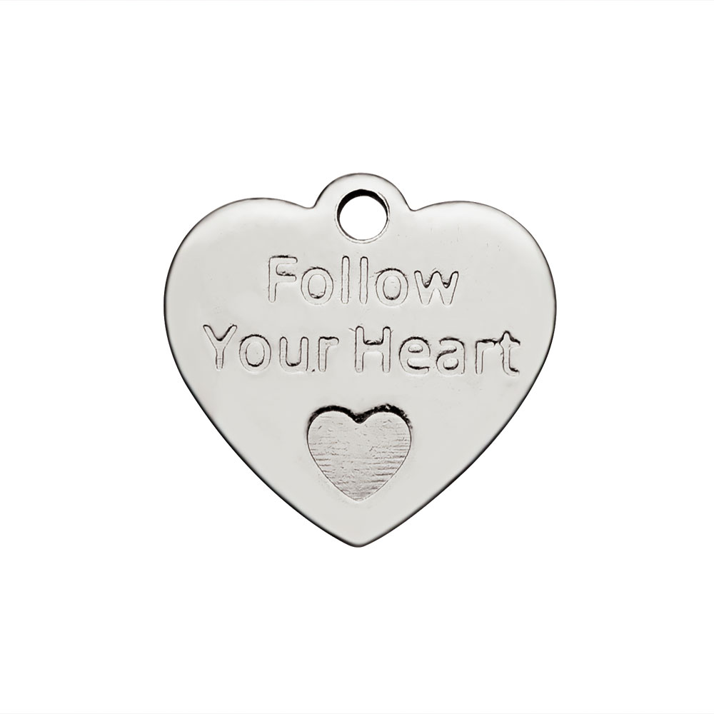 PandaHall 304 Stainless Steel Pendants, Heart with Word Follow Your Heart, Stainless Steel Color, 15x16x1mm, Hole: 2mm Stainless Steel Heart