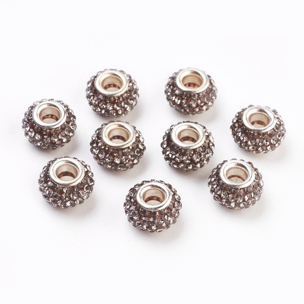 PandaHall Grade A Rhinestone European Beads, Large Hole Beads, Resin, with Silver Color Brass Core, Rondelle, Black Diamond, 12x8mm, Hole...