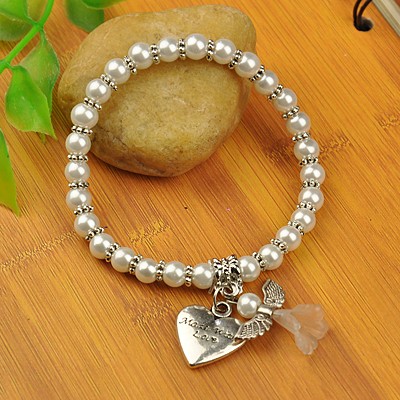 PandaHall Lovely Wedding Dress Angel Charm Bracelets, Stretch Bracelets for Girl, with Glass Pearl Beads and Tibetan Style Beads, Antique...