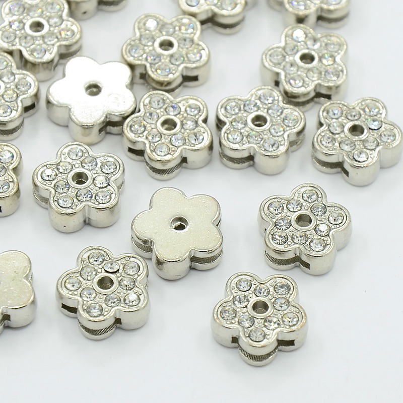 PandaHall Flower Alloy Rhinestone Slide Charms, Valentine Gift Beads, Platinum, 12x5mm, Hole: 2mm Alloy+Rhinestone Flower