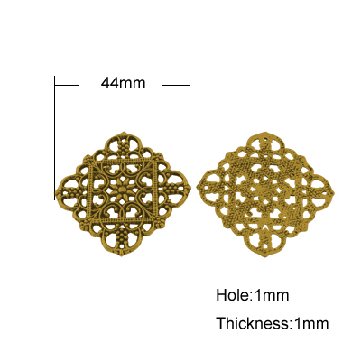 PandaHall Tibetan Style Filigree Joiners, Lead Free, Rhombus, Antique Golden, 36x36x1mm, Hole: 1mm Alloy Rhombus