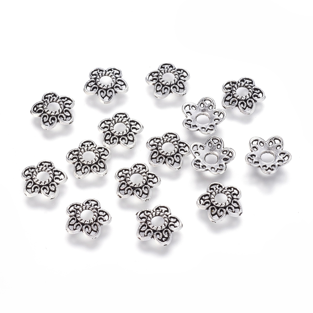 PandaHall Antique Silver Tibetan Silver Flower Bead Caps, Lead Free & Cadmium Free, about 12mm long, 11.5mm wide, 3mm thick, hole: 3mm Alloy