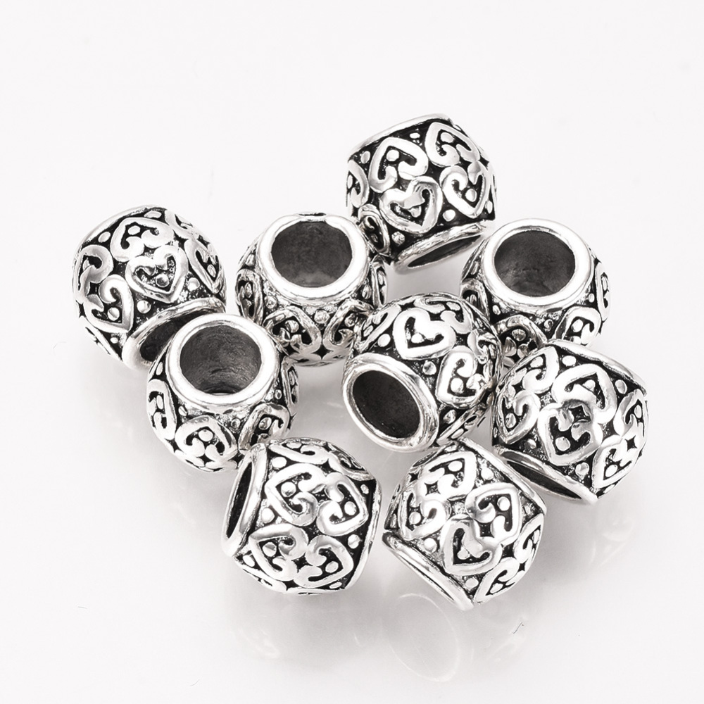 PandaHall Alloy European Beads, Large Hole Beads, Rondelle with Heart, Antique Silver, 10.5x9mm, Hole: 5mm Alloy Rondelle