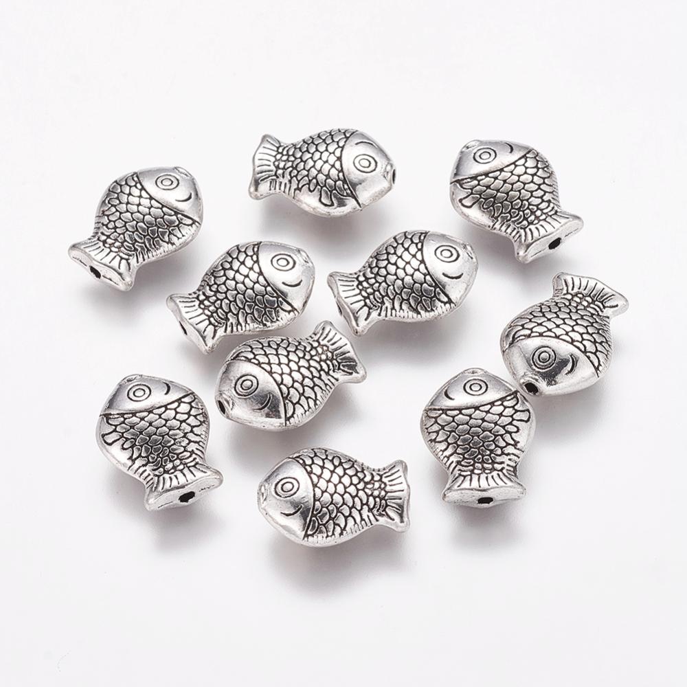 PandaHall Tibetan Style Beads, Cadmium Free & Nickel Free & Lead Free, Fish, Antique Silver, 14x11x4mm, Hole: 1mm Alloy Fish
