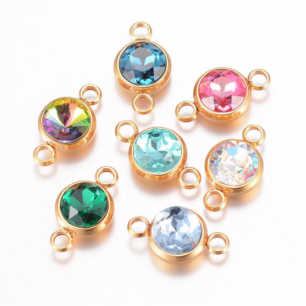 PandaHall K9 Glass Links, Faceted, with 304 Stainless Steel Findings, Flat Round, Golden, Mixed Color, 17.5x10x6.5mm, Hole: 2.5mm Glass Flat...