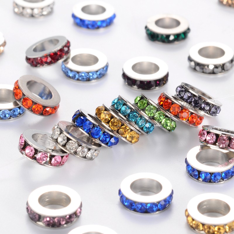 PandaHall Brass Rhinestone Spacer Beads, Grade A, Platinum Metal Color, Mixed Color, 10x3mm, Hole: 6mm Brass+Rhinestone Flat Round
