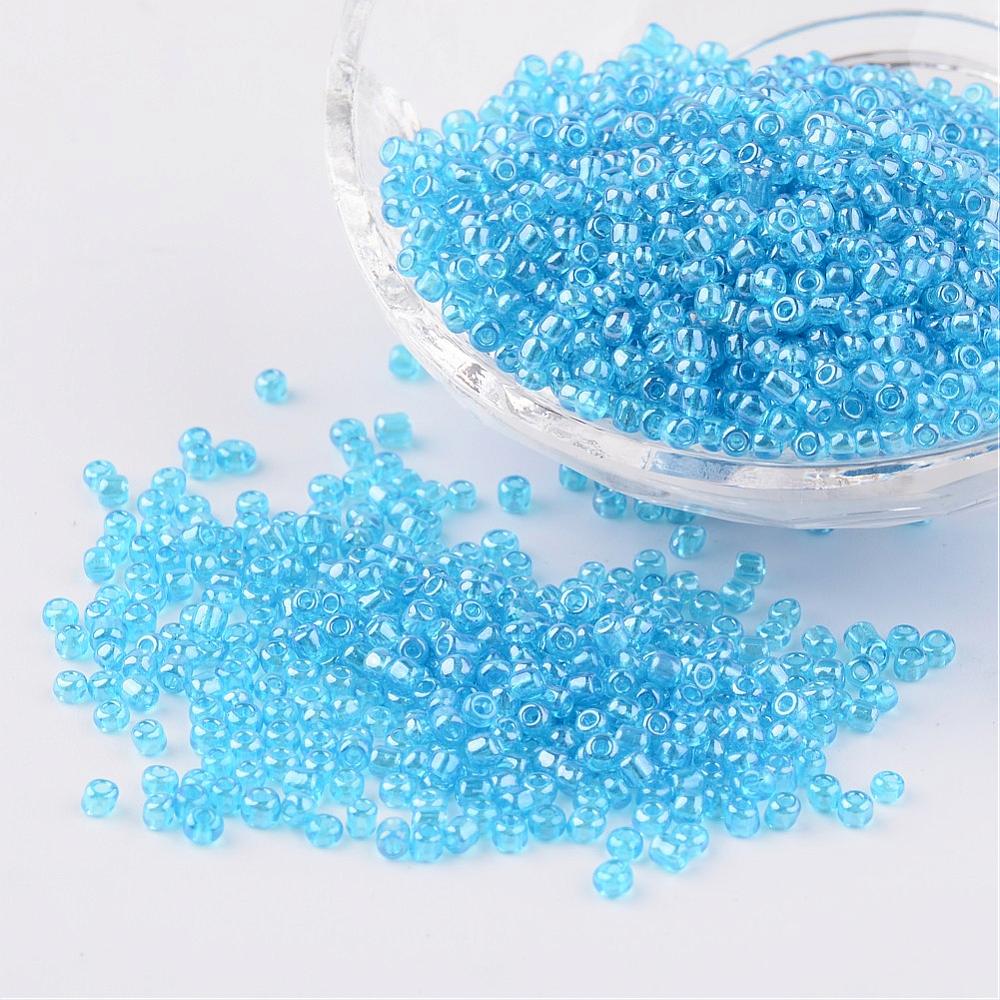 PandaHall Round Glass Seed Beads, Trans. Colours Lustered, LightBlue, Size: about 2mm in diameter, hole: 1mm; about 3306pcs/50g Glass Blue