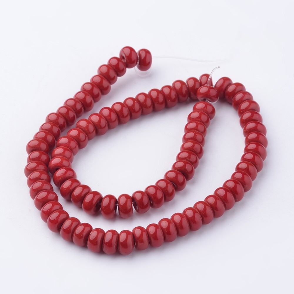 PandaHall Glass Beads Strands, Rondelle, Dyed, FireBrick, 6x4mm, Hole: 1mm; about 71pcs/strand, 10.8" Glass Rondelle Red
