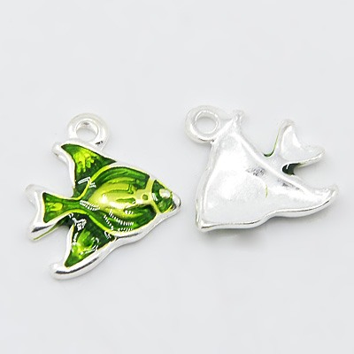 PandaHall Alloy Enamel Pendants, Lead Free and Cadmium Free, Fish, Silver, Green, about 15.5mm long, 17.5mm wide, 3mm thick, hole:1mm...