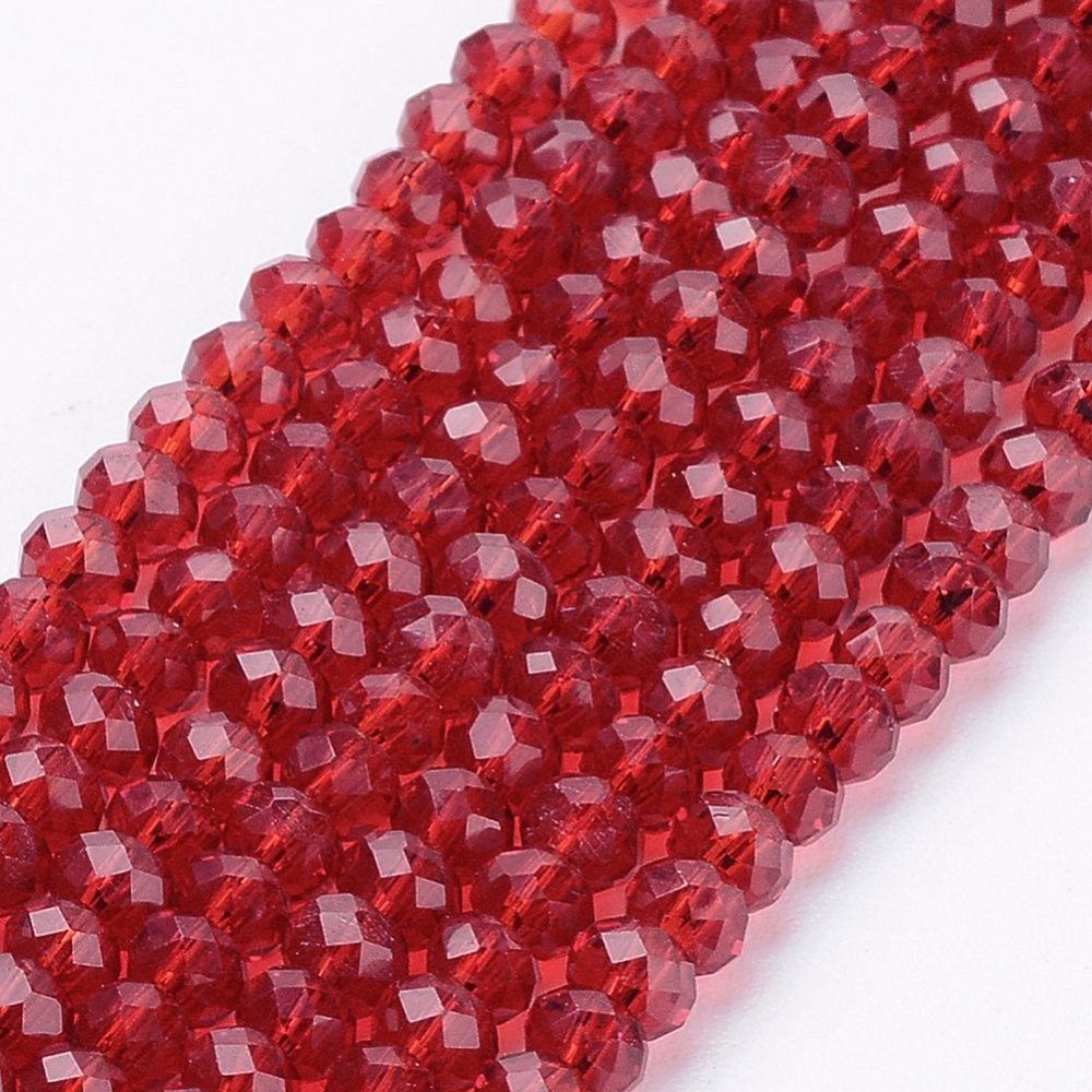 PandaHall Glass Beads Strands, Faceted, Rondelle, DarkRed, 3x2mm, Hole: 0.5mm; about 197pcs/strand, 16.9" Glass Rondelle Red