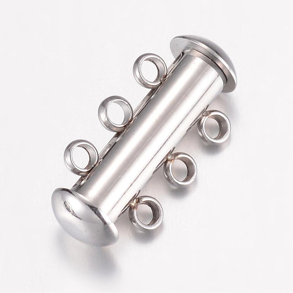 PandaHall 304 Stainless Steel Slide Lock Clasps, 3-Strand, 6-Hole, Tube, Stainless Steel Color, 20x10x6.5mm, Hole: 1.8mm Stainless Steel