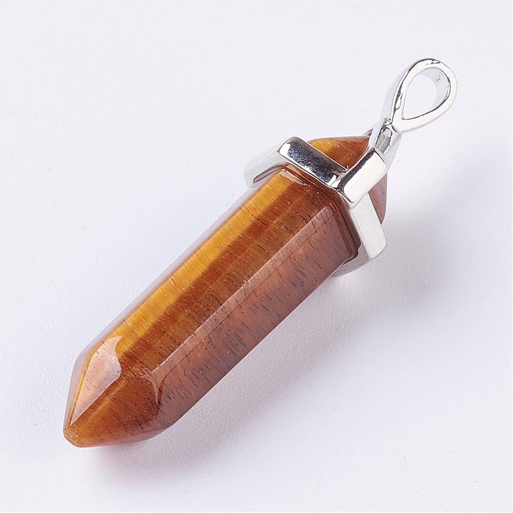 PandaHall Natural Tiger Eye Pendants, with Platinum Tone Brass Findings, Bullet, 40~43x12~13x10~10.5mm, Hole: 4x5mm Tiger Eye Bullet