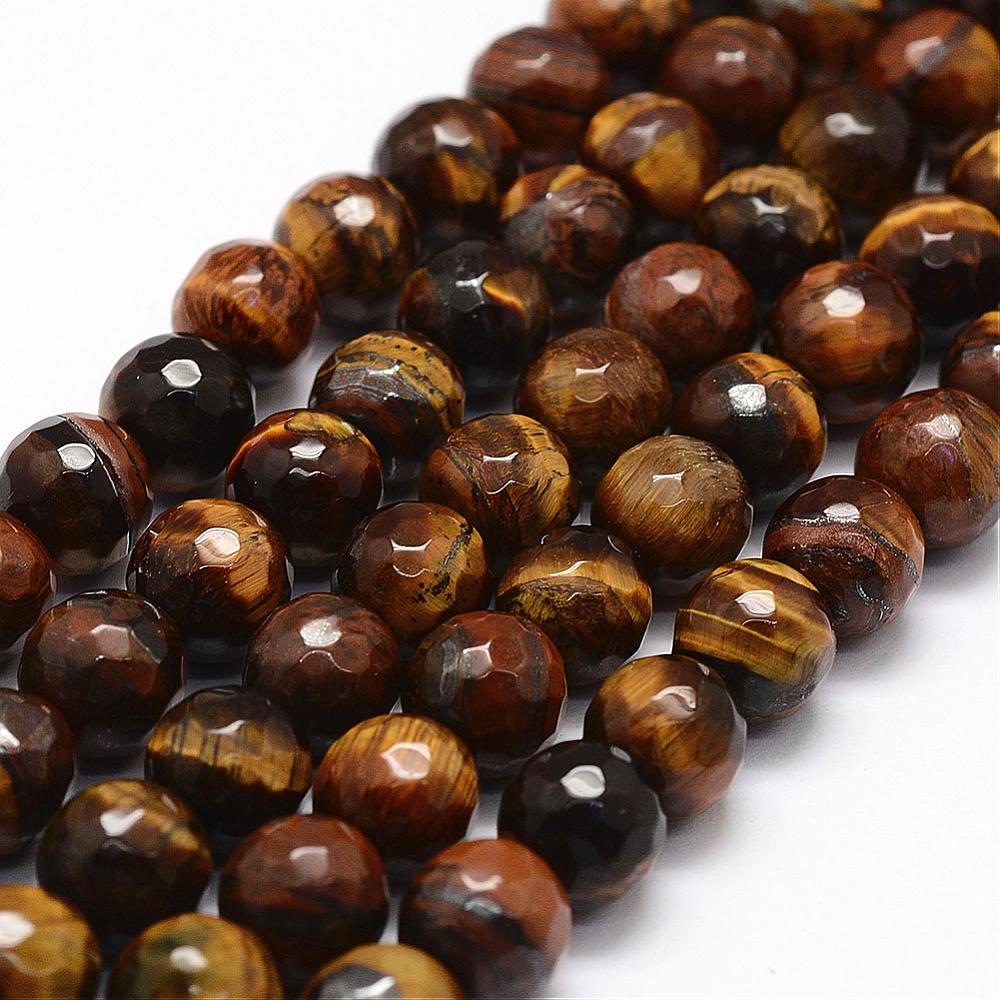 PandaHall Faceted Natural Tiger Eye Beads Strands, Round, 10mm, Hole: 1.8mm; about 38pcs/strand, 14.6" Tiger Eye Round Orange