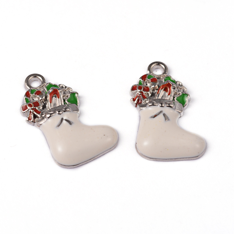 PandaHall Alloy Enamel Pendants, Christmas Socks, Platinum Color, White, Size: about 23mm long, 14mm wide, 4mm thick, hole: 2mm Alloy+Enamel...