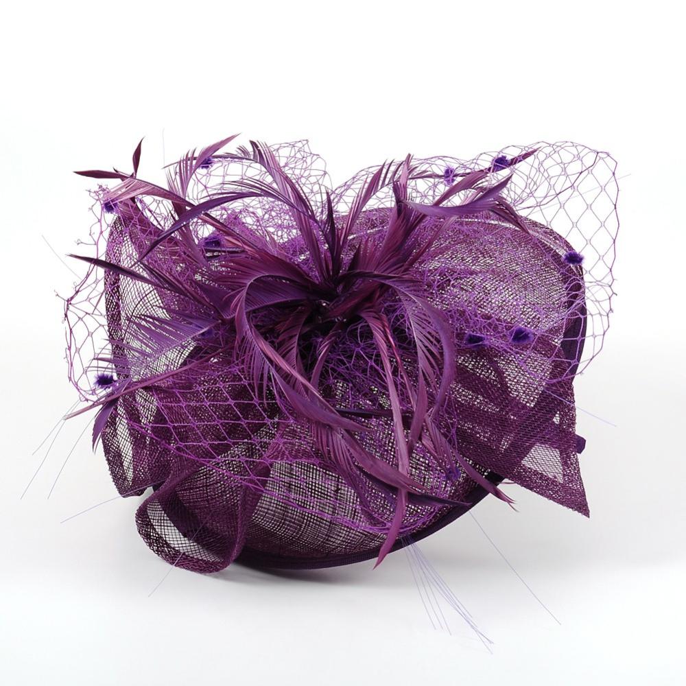PandaHall Elegant Darkviolet Fascinators UK for Weddings, Flower Organza with Feather, 120mm Cloth Purple