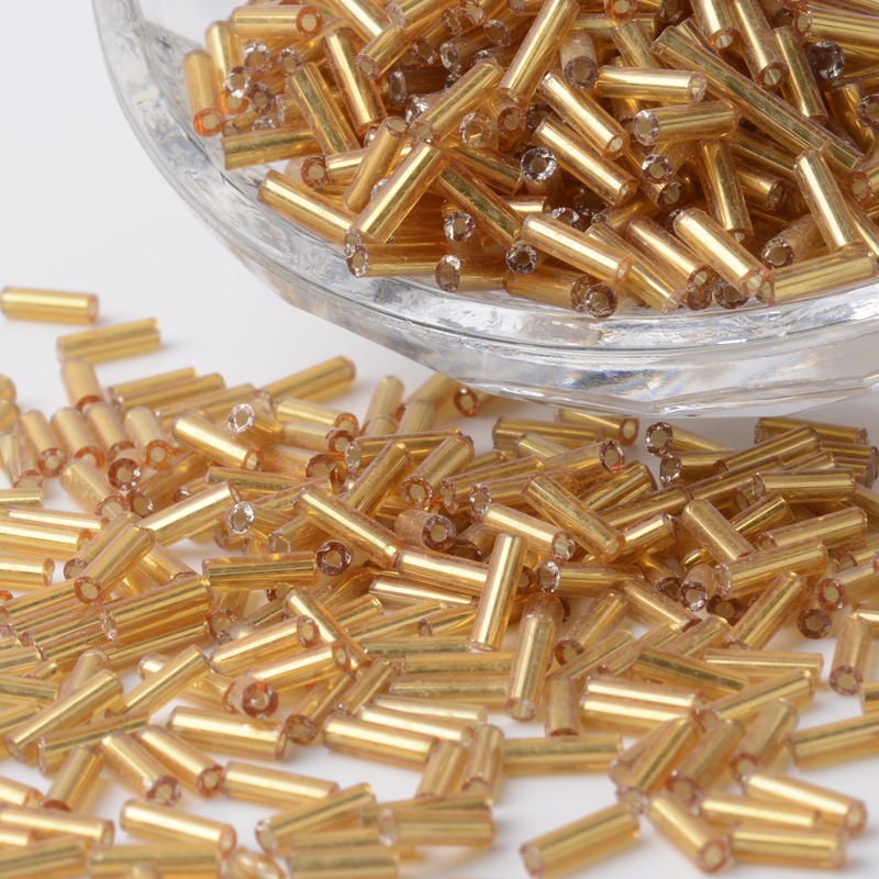 PandaHall Tube Silver Lined Round Hole Glass Bugle Beads, Goldenrod, 6~7x1.5~2mm, Hole: 0.5mm; about 12500pcs/450g Glass Gold