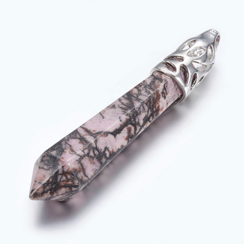PandaHall Gemstone Big Pendants, with Platinum Color Brass Findings, Bullet, Rhodonite, 58~66x11mm, Hole: 4x6mm Rhodonite Others