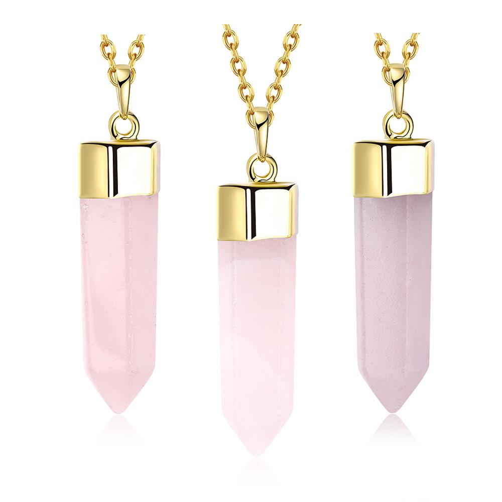 PandaHall Bullet Natural Rose Quartz Pendant Necklaces, with Brass Cable Chains, Golden, 18.1" Rose Quartz