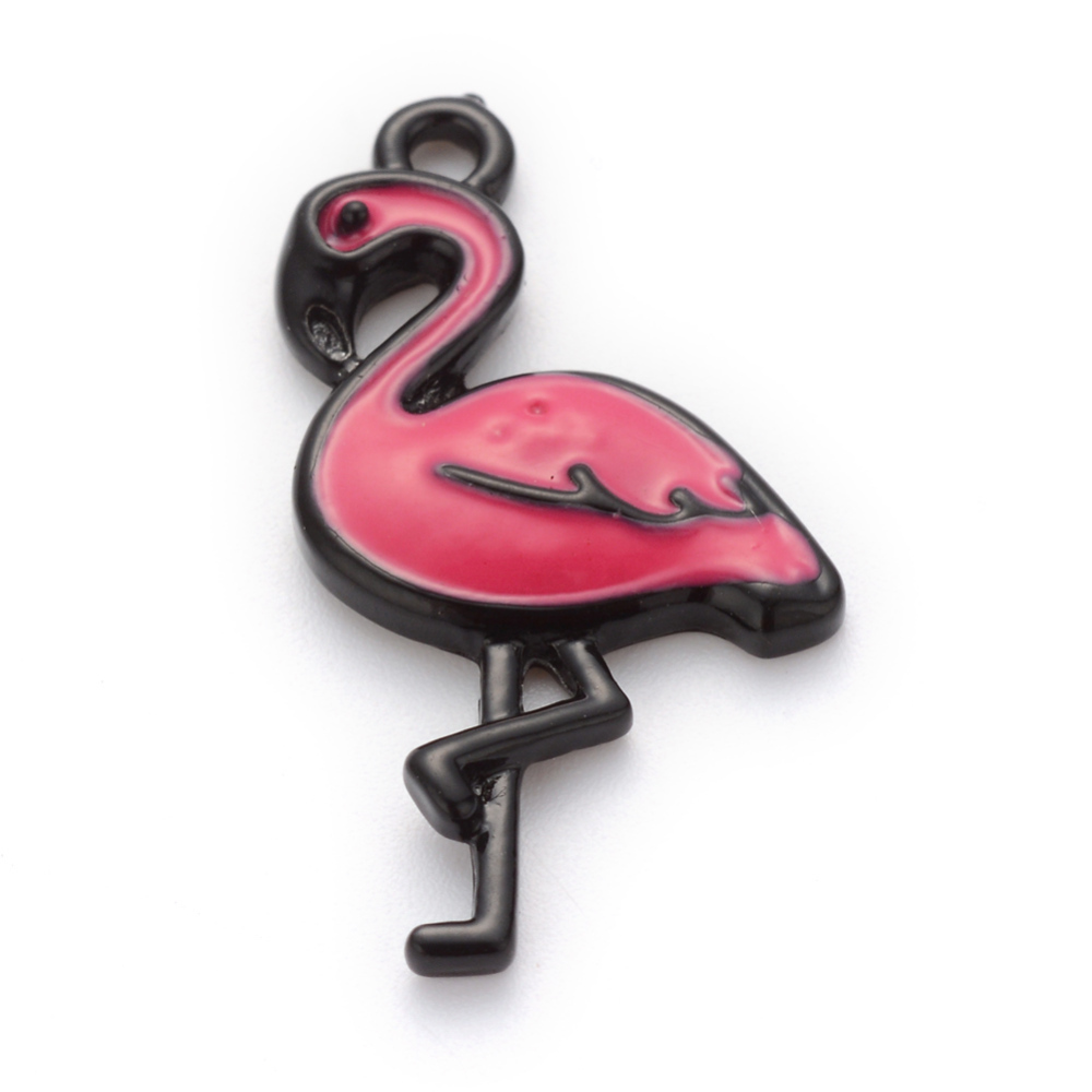 PandaHall Spray Painted Alloy Pendants, with Enamel, Flamingo Shape, Cerise, 29.5x16x3mm, Hole: 2mm Alloy+Enamel Bird Red