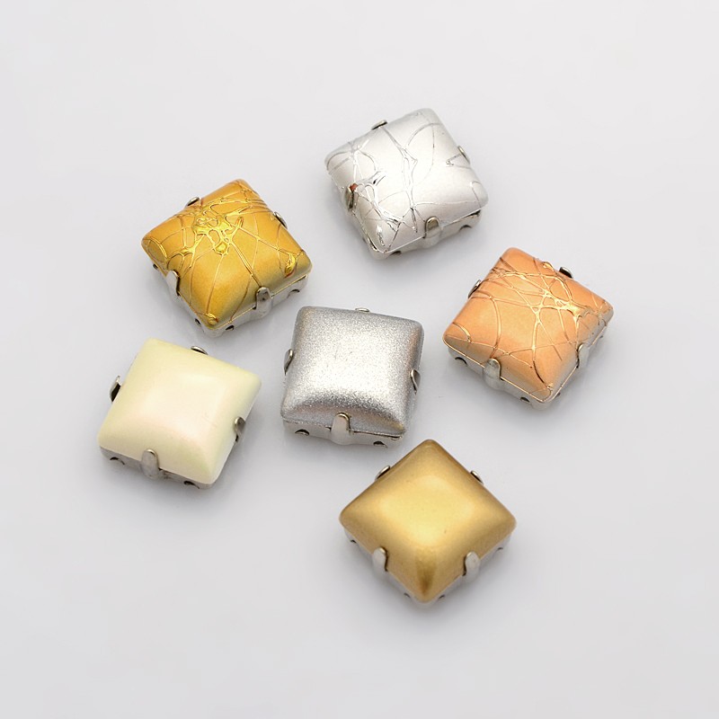PandaHall Sew on Taiwan Acrylic, with Platinum Tone Brass Prong Settings, Garments Accessories, Square, Mixed Color, 12x12x7.5mm; Hole: 1mm...