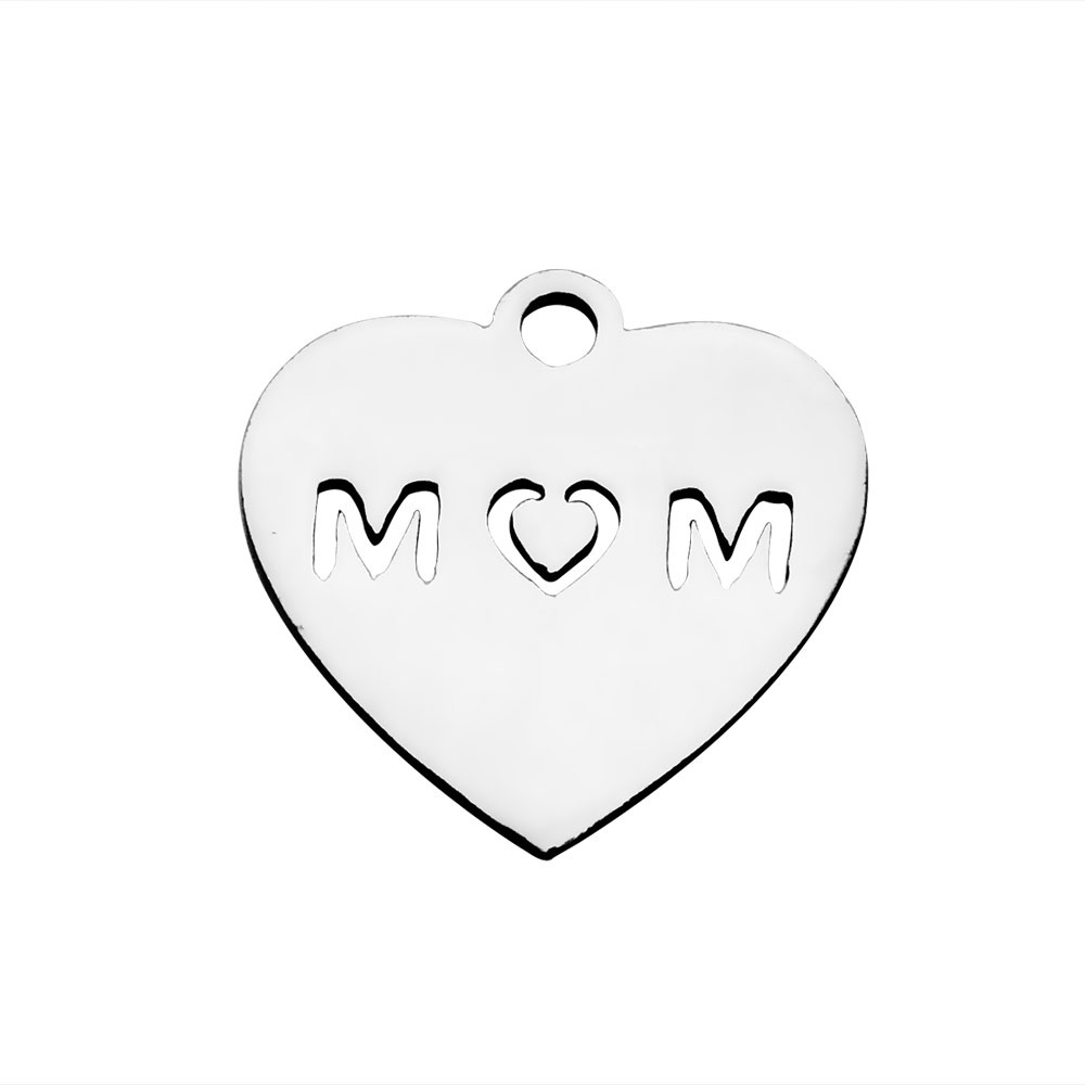 PandaHall 304 Stainless Steel Charms, Heart with Word MOM, Stainless Steel Color, 13x14x1mm, Hole: 1.5mm Stainless Steel Heart